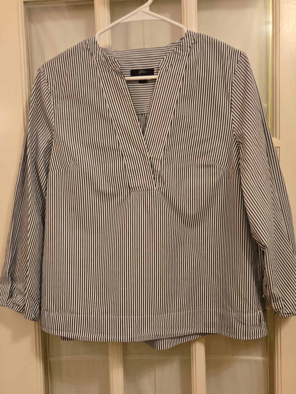 J. Crew White and Navy Striped V-Neck Popover Blouse
